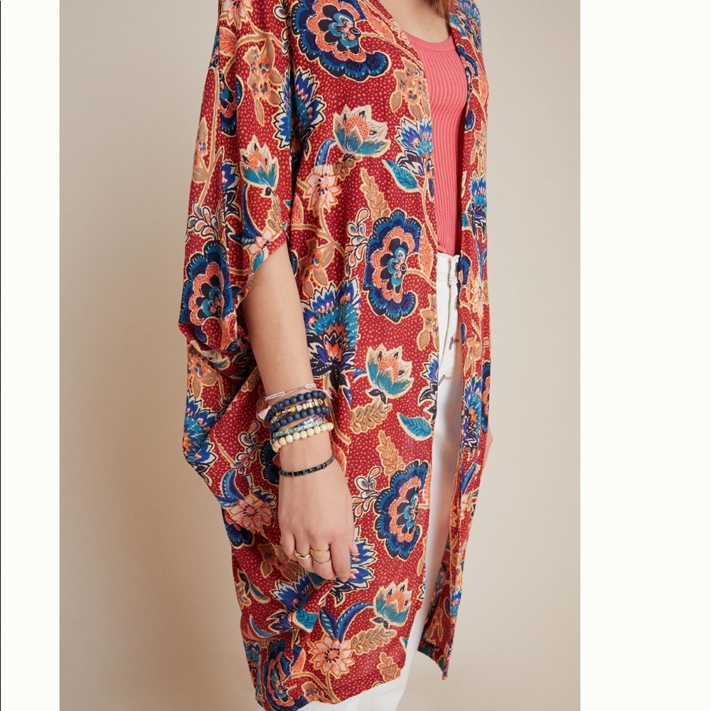 ANTHROPOLOGIE Red Blue Floral Andersen & Lauth Astrid Women’s Long Kimono NEW
